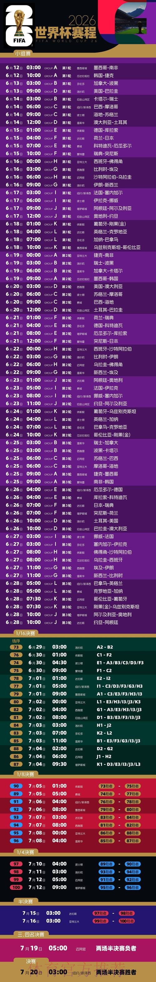 2026世界杯完整赛程最新完整安排免费观看