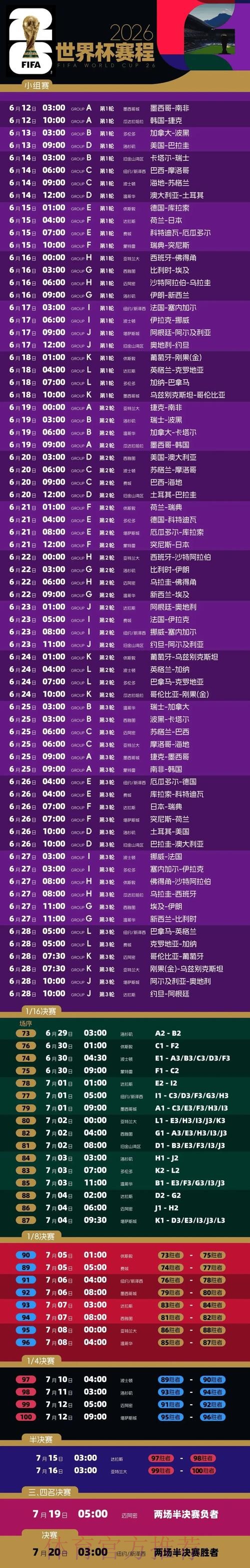 2026世界杯每日赛程详细安排最新时间表免费观看 2026世界杯每日赛程详细安排最新时间表免费观看